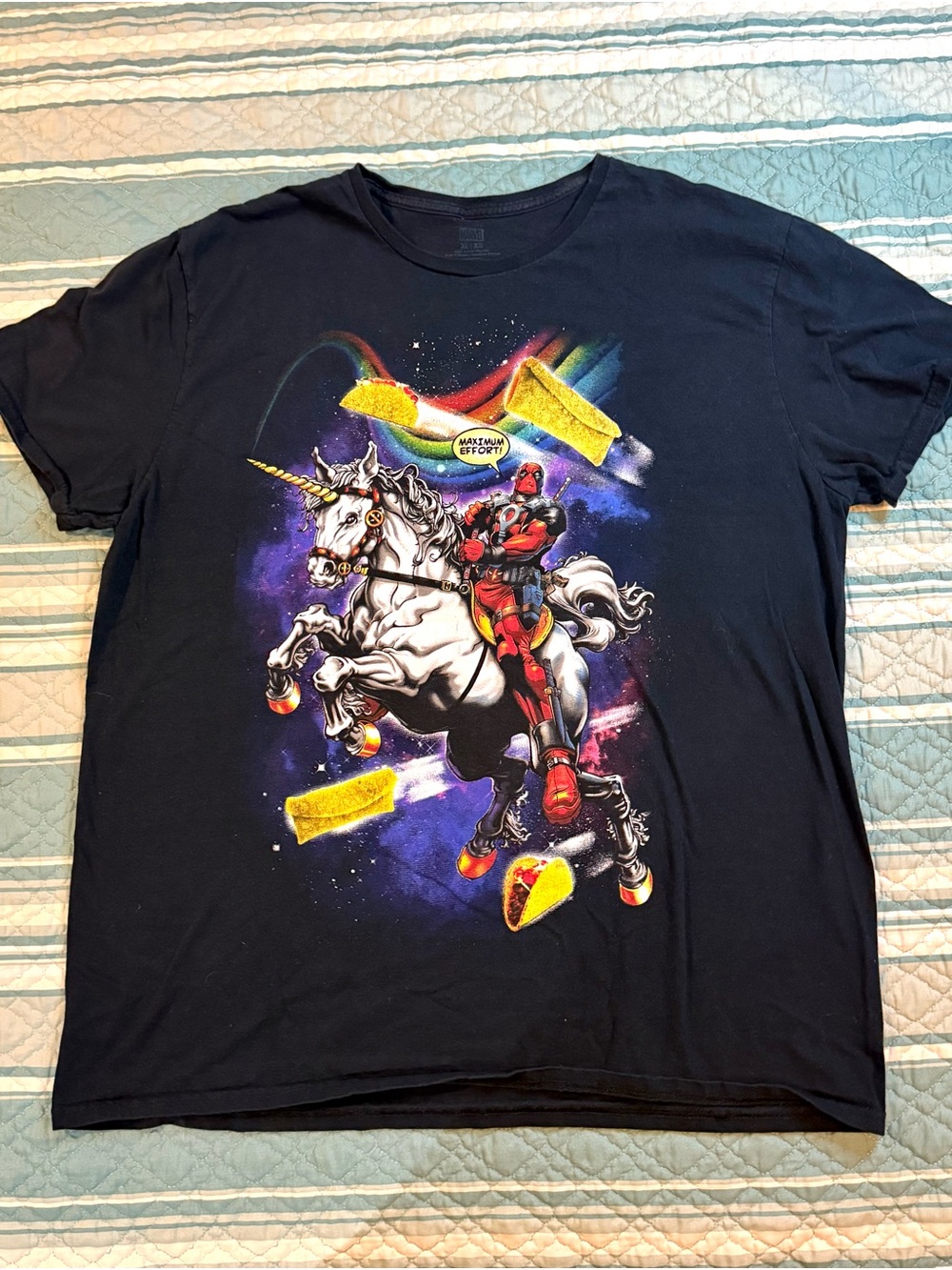 Marvel Deadpool on Unicorn with Tacos Graphic Black T-Shirt Size XL